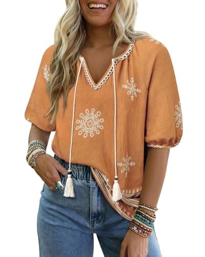 Summer Womens Spring Tops for Women Casual V Neck Half Short Sleeve Boho Blouses Shirts Flowy Vacation Clothes Khaki S - Image 1
