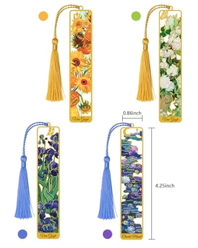 HOMTEK 4 Pieces Metal Bookmarks with Tassel, Golden Hollow Bookmark Van Gogh Monet Oil Painting Theme Book Marker for Book Lovers Writers Readers Children Teens Men Women Adults - Thumbnail 2