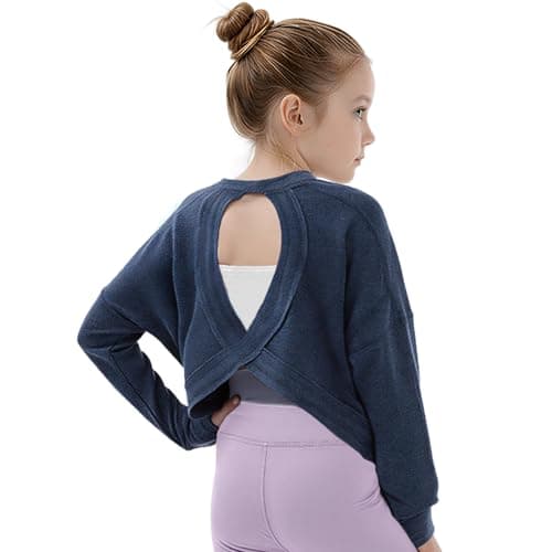 Gogokids Girls Shirts Long Sleeve Athletic Shirts Open Back Tops Active Sports Tshirts Yoga Workout Crop Tees, Navy, 11-12 Years - Image 1