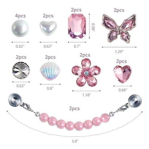 Wenobby 20 Pcs Bling Gem Shoe Decoration Charms for Women Girls, Cute Pink Pearl Rhinestones Butterfly Flower Shell charms with 2 Pearl Chains, Girly Accessories for Clog Sandals Party Gift - Thumbnail 4
