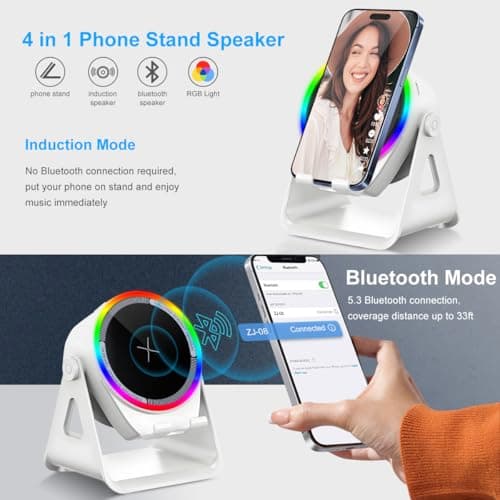 Wireless Induction Audio Bluetooth Speaker, 4 in 1 Phone Speaker Amplifier Phone Stand with RGB Light and Adjustable Holder for Tablet iPhone Android, Uqique Birthday Gift for Men Women Teens - Thumbnail 2