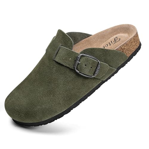 FITORY Womens Clogs Slip-on Potato Shoes Leather Mules with Suede Cork Footbed Green Size 5 - Image 1