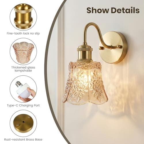 YUNICE Vintage Battery Operated Wall Sconces Set of 1 Rechargeable Wall Sconce Wireless Wall Lights with Remote Control & Amber Glass Lampshade for Bedroom Living Room Vintage Indoor E26 Type-C - Thumbnail 3