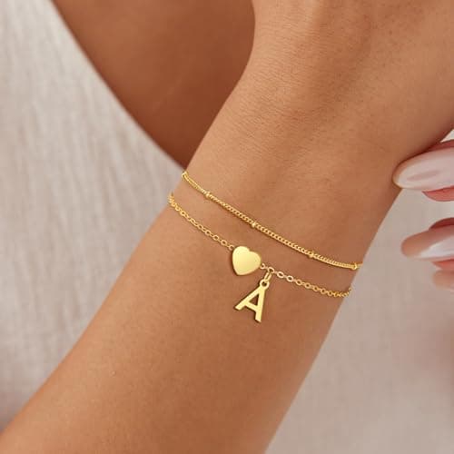Decholly Initial Bracelets for Women Trendy, 18K Gold Plated Heart Initial F Bracelet Dainty Gold Bracelets for Women Trendy Jewelry Gifts - Thumbnail 2