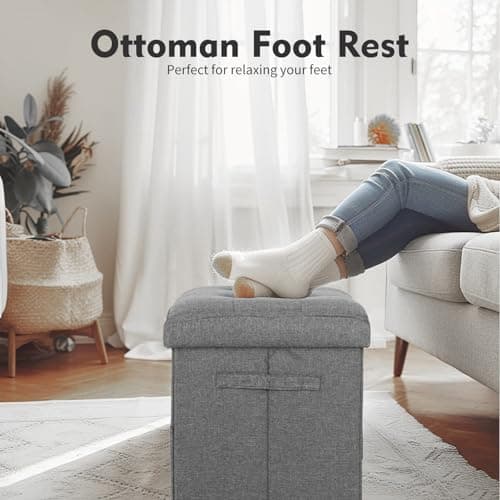 FaiPue Storage Ottoman. Foot Rest Stool with Thicker Foam Padded Seat. Linen Footstool Storage Bench, 350 lbs Folding Bench Small Ottoman for Living Room, Bedroom, Coffee Table. 17x13x13in, Dark Gray - Thumbnail 3