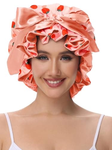 Vettres Silk Bonnet for Sleeping Women, Satin Hair Shower Cap 2025 Tie Band Adjustable Straps Head Wrap for Curly Hair Strawberries F - Thumbnail 2