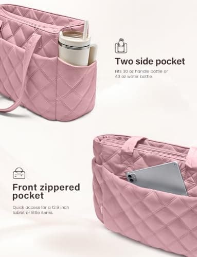 Uselike Tote Bag for Women, Lightweight Puffer Tote Work Bags with Compartments for Travel, Quilted Shoulder Bag with Zipper (Mauve Pink) - Thumbnail 4