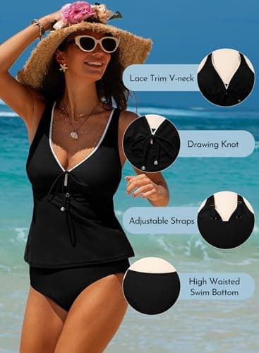 Aleumdr Trendy Ruched Swimsuit Tankini for Women Tummy Control 2 Piece Bathing Suits Drawstring V Neck Swim Tops with High Waisted Bottoms Black Large - Thumbnail 4