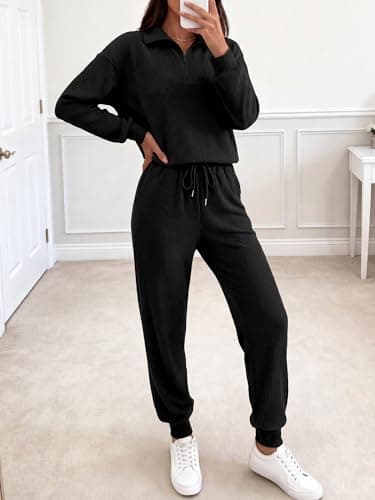 BTFBM Women's 2 Piece Tracksuit Fall Outfits 2025 Long Sleeve Half Zip Sweatshirt Sweatpants Lounge Set Sweatsuits(Solid Black,Medium) - Thumbnail 3