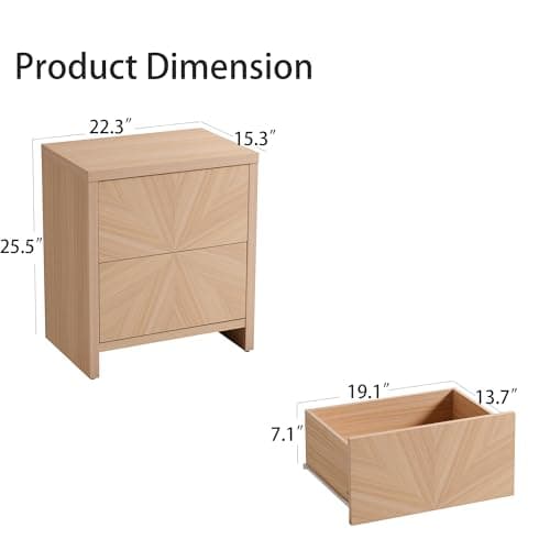VividVibe Natural Oak Nightstand Set of 2- Sunburst Veneer Pattern Antique Bedroom Nightstand Side Table Bedside Table Accent Table Mid Century Modern Farmhouse Minimalist Coastal Wooden End Table - Thumbnail 2