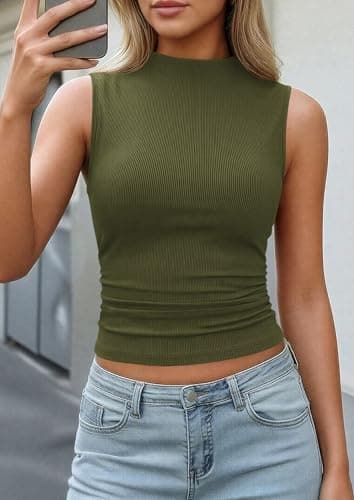 PRETTYGARDEN Sleeveless Tops for Women Ribbed Mock Neck Tank Top Slim Fitted Ruched Basic Layering Shirts 2026 Summer Clothes (Army Green,X-Large) - Thumbnail 4