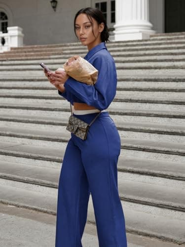 EXLURA Womens 2 Piece Outfits Long Sleeve Zip Up Crop Jackets Long Wide Leg Pant Suits Spring Airport Travel Matching Sets - Thumbnail 6