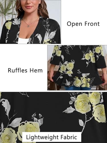 AusLook Women's Plus Size 3/4 Sleeve Lightweight Open Front Cardigan Black Golden Floral 2X Draped Ruffles Causal Cover Ups Shrugs Tops Shawls and Wraps Kimono Jacket Coat - Thumbnail 5