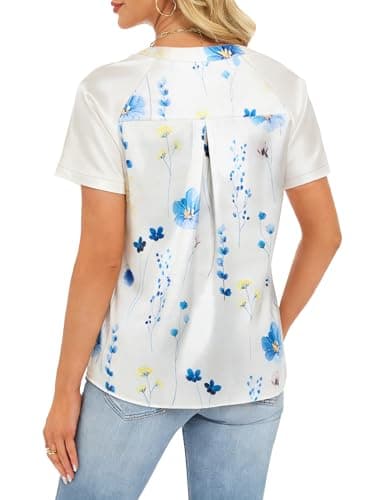 Funlingo Summer Satin Tops for Women Silk Short Sleeve Raglan Shirts V Neck Color Block Floral Blouses Summer Fashion Clothing S - Thumbnail 5