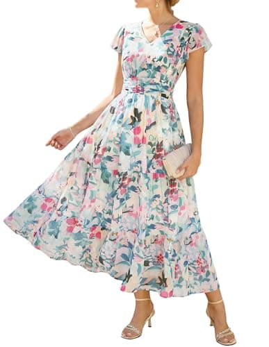 GRACE KARIN Women Summer Dress,Maxi Floral Dresses,V Neck Wedding Guest Flowy Dress 2026 Dense Dotted Flowers M - Image 1