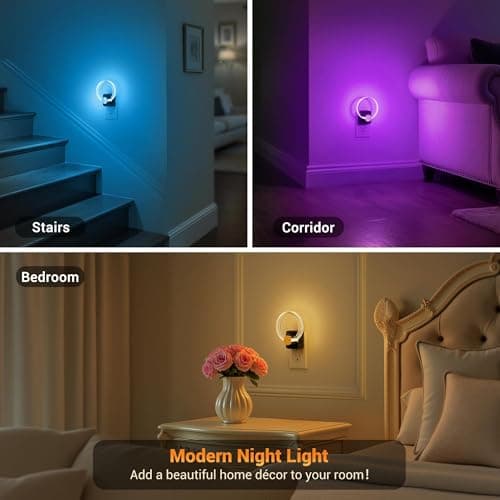 JandCase Night Light, 2 Pack Color Changing Night Lights Plug into Wall, RGB Nightlight with Light Sensor, 180° Rotatable Plug in Nightlights, Dimmable Ring Acrylic Night Light for Kids Gifts Hallway - Thumbnail 6