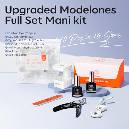 modelones X Nail Gel Kit Short Coffin,510Pcs Fake Nails 15Sizes, 9-in-One Glue Prep Dehydrator & Mini U V Light Clipper, Pre-shaped Half Matte Press on Short Coffin Tips for DIY Salon - Thumbnail 5