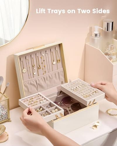 Lolalet Jewelry Box Organizer for Women Girls, 2 Layer Jewelry Organizers and Storage for Necklace Earrings Rings Bracelets, Large Jewellery Holder Case Birthday Gifts -Cream - Thumbnail 2
