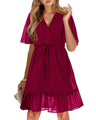 KIRUNDO Womens Summer Dresses 2026 Casual Spring Short Sleeve V Neck Ruffle Swiss Dot High Waist Belted Flowy Mini Dress, Style2-wine Red, Small - Image 1