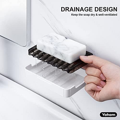 YOHOM Adhesive Bar Soap Holder for Shower Wall Hanging Soap Dish with Drain Tray Plastic Stick on Bathroom Sink Soap Holder 2PCS - Thumbnail 4