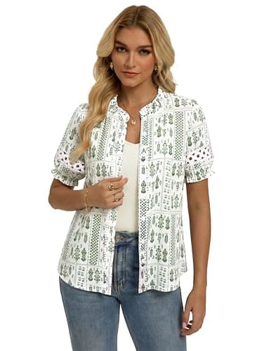 GRACE KARIN Women Boho Floral Tops, Summer Short Eyelet Sleeve Dressy Casual Shirts, Spring Button Down Blouse 2026 Trendy Light Green XX-Large - Thumbnail 3