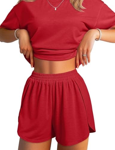 JUSTFASHIONNOW Split Short Pajama Set Red Valentine Summer Pjs for Women 2 Piece Short Sleeve Bamboo Pj Lounge Sets Soft Sleepwear(Red,Medium) - Image 1