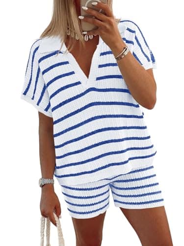 Tankaneo Womens 2 Piece Outfits Striped Knit Summer Sets V Neck Short Sleeve Tops and Shorts Lounge Matching Set Blue Small - Image 1