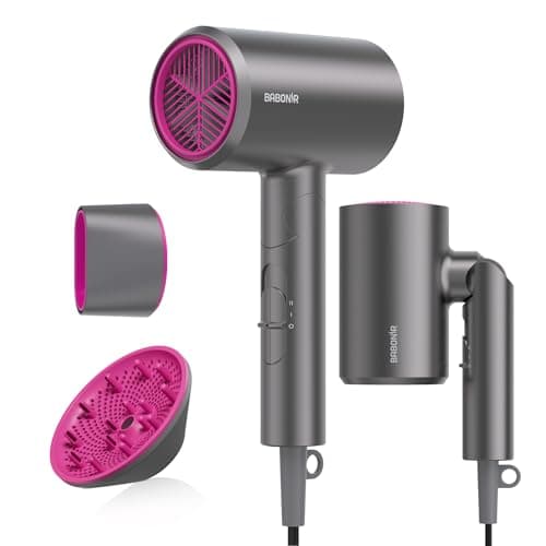 BABONIR Hair Dryer with Diffuser for Women, 1875W Fast Drying Ionic Blow Dryer for Home Use, Lightweight Foldable Hairdryer with Concentrator Nozzle, 3 Heat 2 Speed Settings, Gray - Image 1