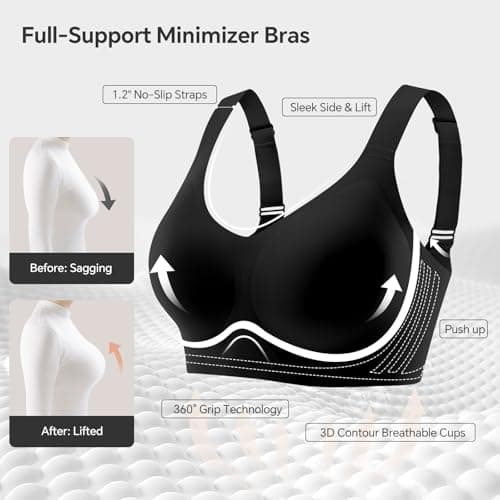 UIMERO Wireless Bras for Women No Underwire Supportive Jelly Bras Comfort Full Coverage Everyday Seamless T-Shirt Sports Bras Black - Thumbnail 5