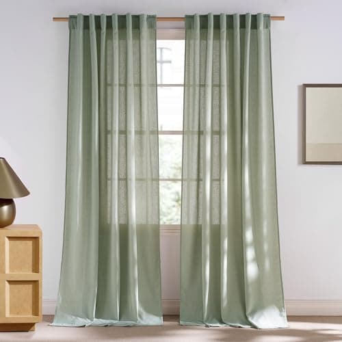 NICETOWN Thick Linen Living Room Curtains 96 inches Long, Rod Pocket & Back Tab Privacy Added Flax Window Drapes for Living Room/Farmhouse, Greyish Green, W55 x L96, 2 Panels - Image 1