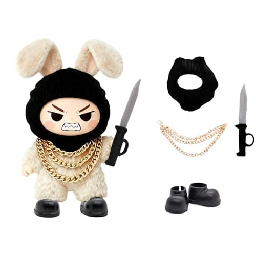 Clothes for 17cm Dolls, Cool Style 4 Pcs Set Including Black Face Head Cover, Hand-Held Toy, Shoes and Three-Layer Necklace Fashion Outfit with Premium Handmade Dolls Accessories for Play (No Doll)