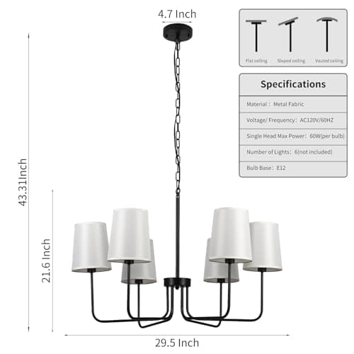 Omgomne Matte Black Farmhouse Chandelier with White Fabric Shades, 29.5” 6-Light Modern Dining Room Light Fixture, Minimalist Rustic Hanging Pendant Lamp for Kitchen Island, Living Room, E12 Base - Thumbnail 5