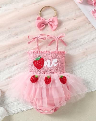 ChuYuKu Baby Girl First Birthday Outfit Sleeveless Tulle Princess Dress 1st Birthday Gift Party Wedding Clothes Strawberry - Thumbnail 3