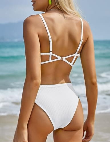 ZAFUL Sexy One Piece Swimsuit for Women Open Back Ribbed Bathing Suit 1 Piece Scoop Neck Cheeky Monokini White XS - Thumbnail 3
