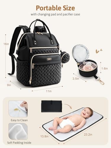 Lekesky Quilted Diaper Bag Backpack, Wide Opening Large Baby Bag for Mom Dad Maternity Baby Boy Girls, Black Travel Diaper Backpack with Changing Pad, Insulated Pockets, Pacifier Case - Thumbnail 6