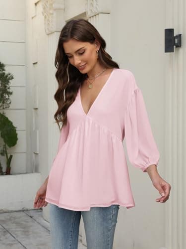 Aotasely Women's Flowy Peplum Babydoll Tops 3/4 Length Puff Sleeve Shirts Trendy Casual Loose Fit Blouse V Neck Outfits Pink - Thumbnail 2