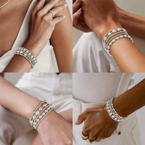 adoyi Silver Beaded Bracelets for Women, 14K Gold Plated Bead Bracelets Stack Trendy Stackable Bracelet Set Strand Stretch Pearl Ball Bracelet Bracelet Set Jewelry Set for Women Gift 6.8 inches - Thumbnail 4