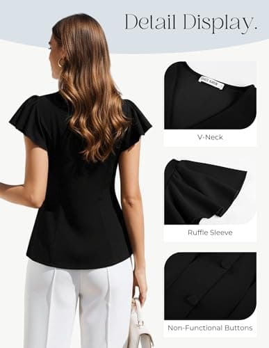 GRACE KARIN Summer Blouses for Women Dressy Casual, 2026 Ruffle Sleeve Peplum Tops, V Neck Business Work Shirts Black 2XL - Thumbnail 4