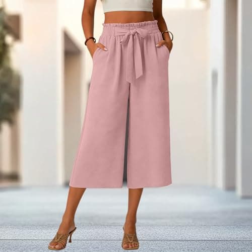 Gaucho Pants for Women, Wide Leg High Waisted Cotton Women's Palazzo Capri Pants with Pockets and Drawstring, Lightweight Breathbale Casual Summer Womens Culottes Pink XL - Thumbnail 2