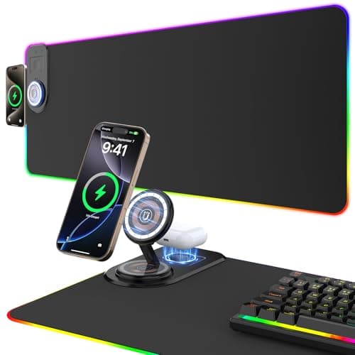 Gaming Mouse Pad Wireless Charging - Desk Mat Magnetic Foldable Phone Stand 15W Fast Charge, RGB Extended Large Keyboard Mousepad - PC Laptop Desk Pad for Work Game (Adapter Not Included)