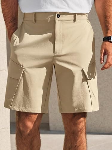 Runcati Mens 9" Golf Shorts Quick Dry Stretch Lightweight Elastic Waist Work Hiking Summer Dress Shorts with 4 Pockets Khaki - Thumbnail 2