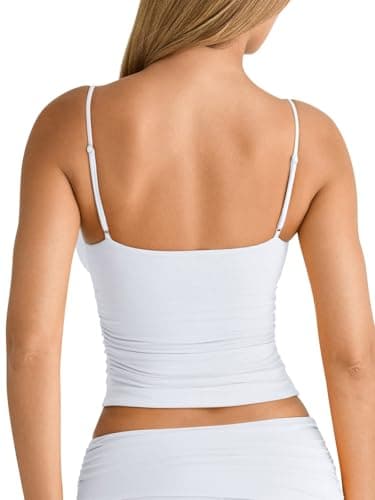 PINKMSTYLE White Spaghetti Strap Tank Top Tight Double Lined V Neck Slim Y2k Cami Tank Tops for Women Summer Sleeveless Shirts White X-Large - Thumbnail 6
