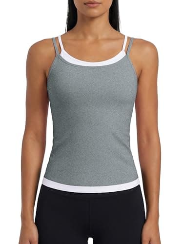 ATTRACO Workout Tank Tops with Built in Bra for Womens Athletic Color Block Double Strappy Tank Tops Going Out Cami Top Heather Grey/White - Image 1