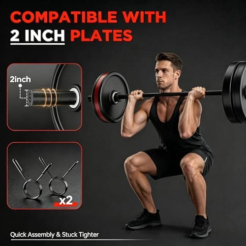 TEEMOO Olympic Barbell Bar, 57" Barbell Bar with 2 Spring Collars, Strength Training bars, Bench Press bar for Weight Lifting, Squat, Hip Thrusts, Biceps, 500lb Weight Capacity, E-Coat Finish for 2 inch Weight Plates (Black) - Thumbnail 5