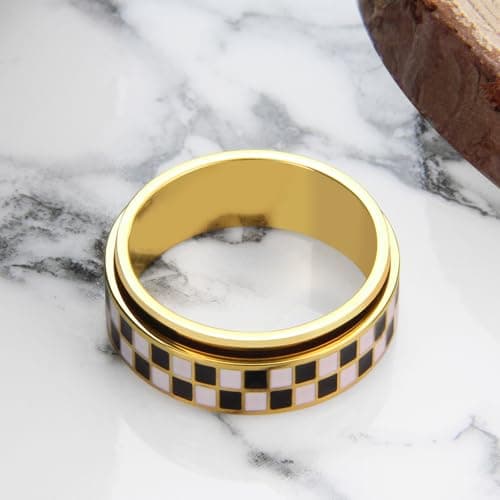 Checkerboard Fidget Ring for Men - 8mm Unique Black and White Checkered Anxiety Spinner Jewelry for Adults, Stainless Steel Roating Ring for Stress Relief, Modern Jewelry Gift for Men Women (Gold, 8) - Thumbnail 5