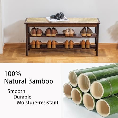 latifolia Shoe Rack Bench, 3-Tier Bamboo Shoe Bench with Breathable Rattan Seat Cushion, Shoe Storage Rack for Entryway(Walnut,39.70''L) - Thumbnail 4