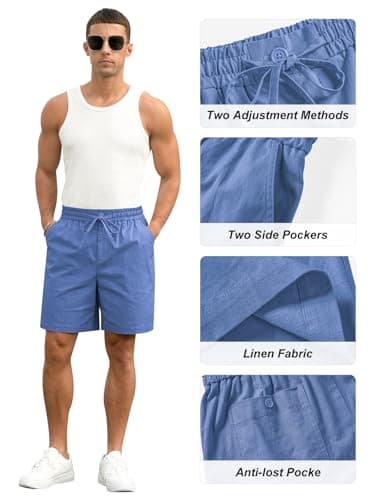 RQP Mens Cotton Linen Shorts Casual Drawstring 7inch Inseam Shorts Stretch Summer Beach Wear,Blue - Thumbnail 6