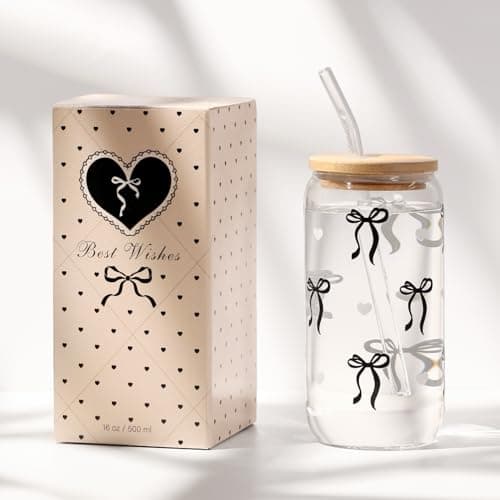 Coquette Black Bow Aesthetic Cup With Gift Box 16oz Glass Cup with Lids Straws and Black Bow Iced Coffee Smoothie Cute Tumbler with Cleaning Brush for Girls Bestfriend Sister Girlfriend, Preppy Stuff - Thumbnail 6