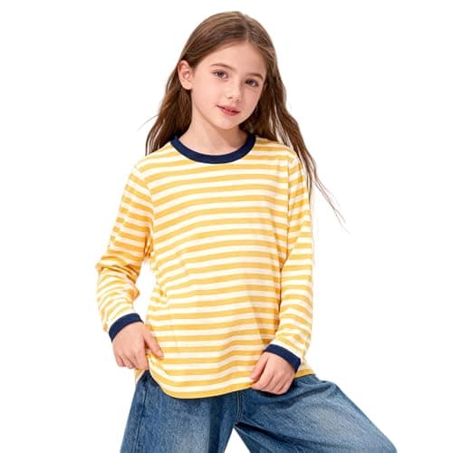 MIANZHI Girls Striped Long Sleeve Shirts Drop Shoulder Casual Fashionable Crewneck Blouse Tee Tops Yellow - Image 1