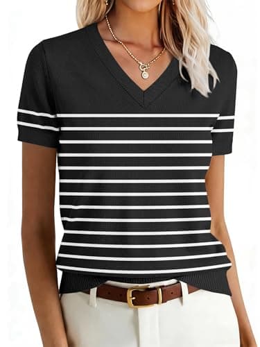 ANRABESS Women Wool Blend Sweater Summer 2026 Short Sleeve V Neck Pullover Top Business Casual Outfit Beach Vacation Clothes Black White Stripe Small - Image 1